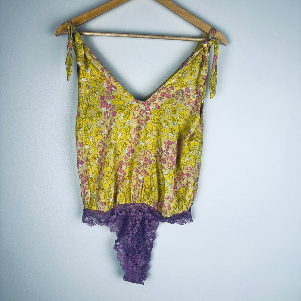Intimately Free People Yellow Floral Lace Trim Tie Shoulder Bodysuit S